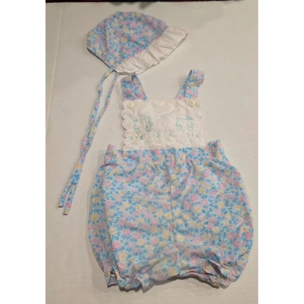 Vintage Blue Floral Romper Overalls with Cats, Matching Bonnet 24 Months